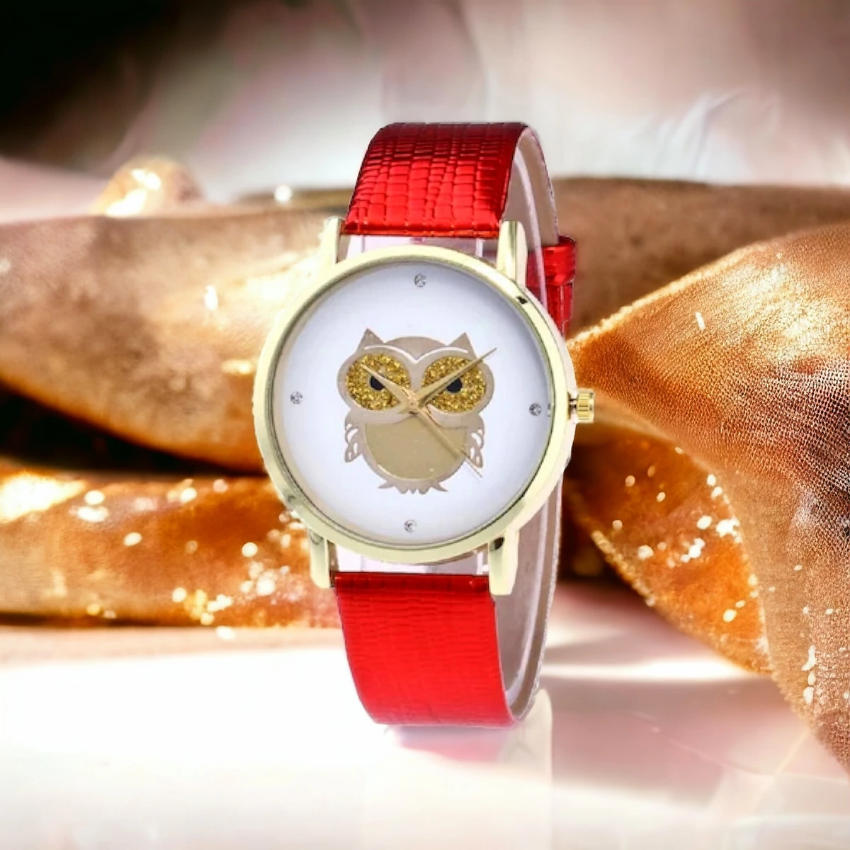 Quartz női piros óra bagoly mintás számlappal 